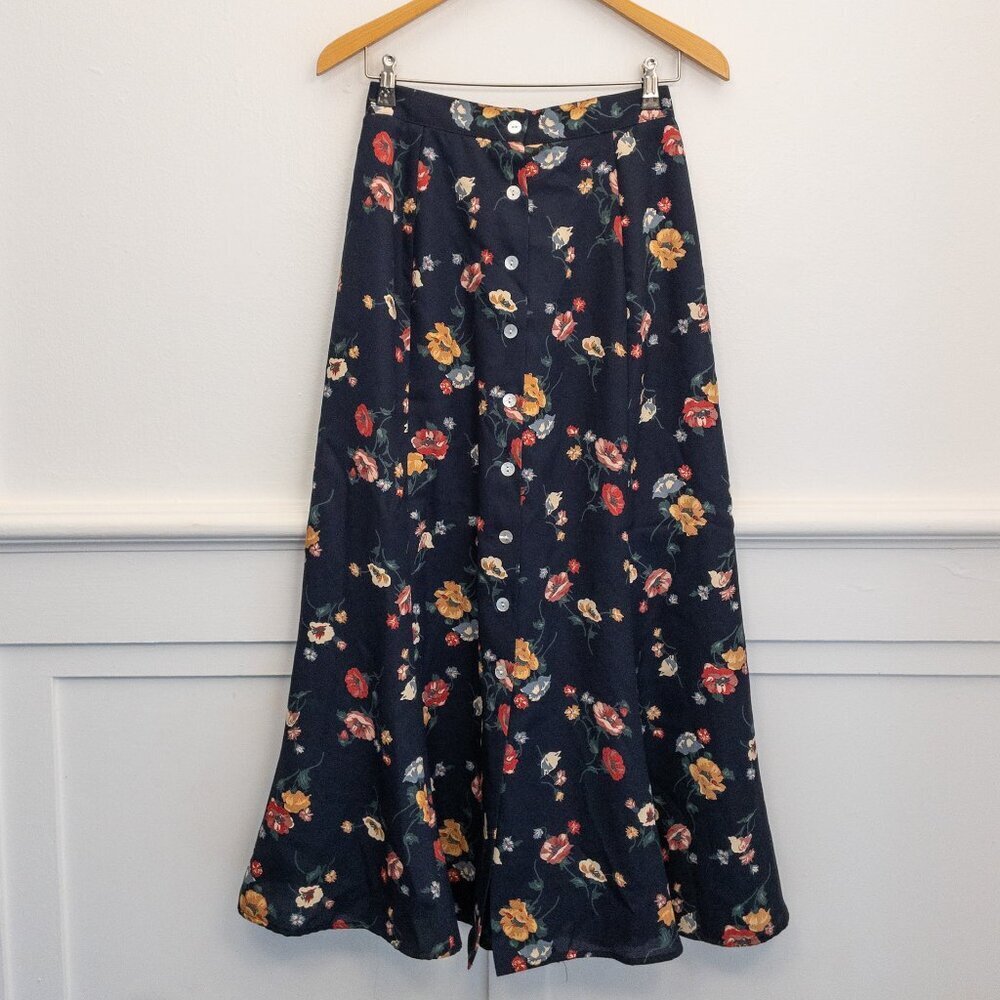 Bentley Arbuckle Vintage Floral Button-Front Midi Skirt Navy Size 6 USA